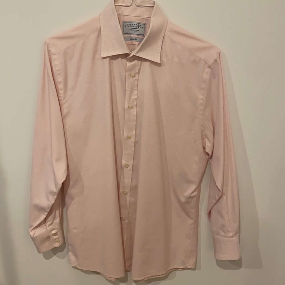 Charles Tyrwhitt Spread Collar Pink Polka Dot DressShurt 16 1/2 /33 .Slim Fit